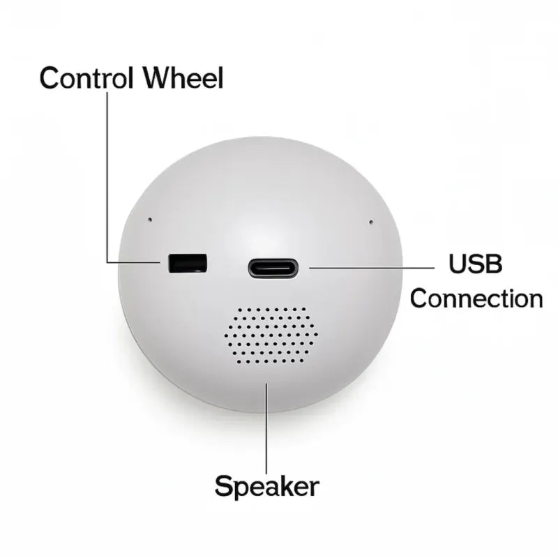 White spherical device with labeled control wheel, USB connection, and speaker on a white background