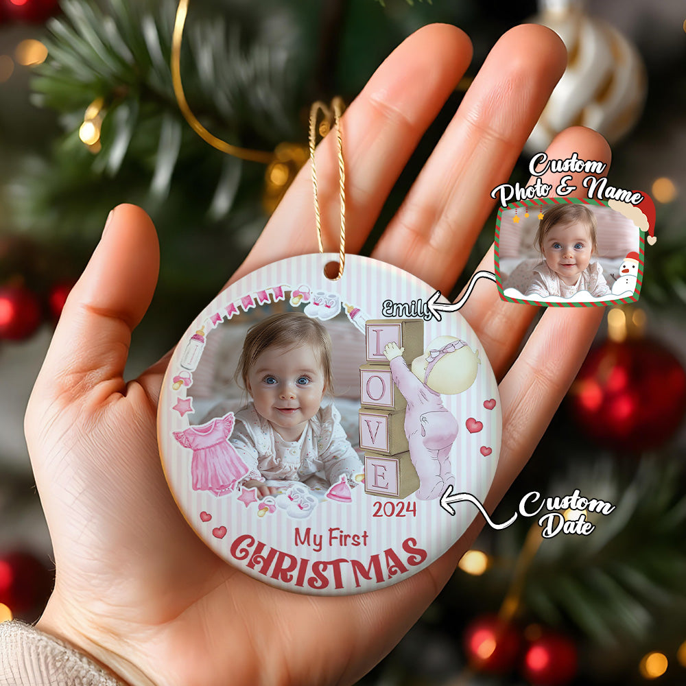 Personalised Baby's First Christmas Ornament with Photo Ceramic Christmas Ornament for Newborn Gift