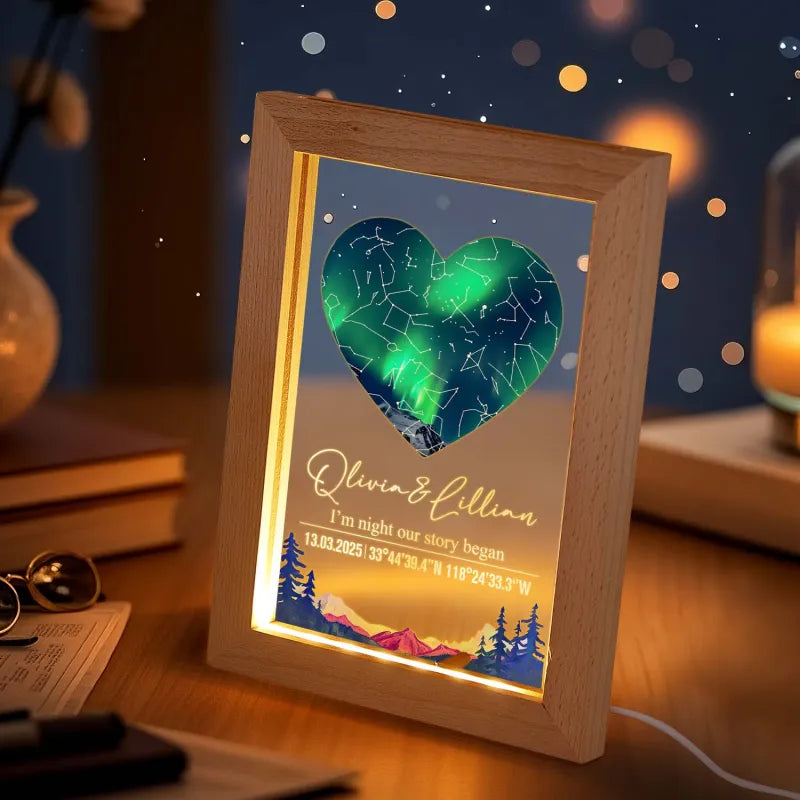 Decorative light box with a heart design and personalized text on a wooden frame.