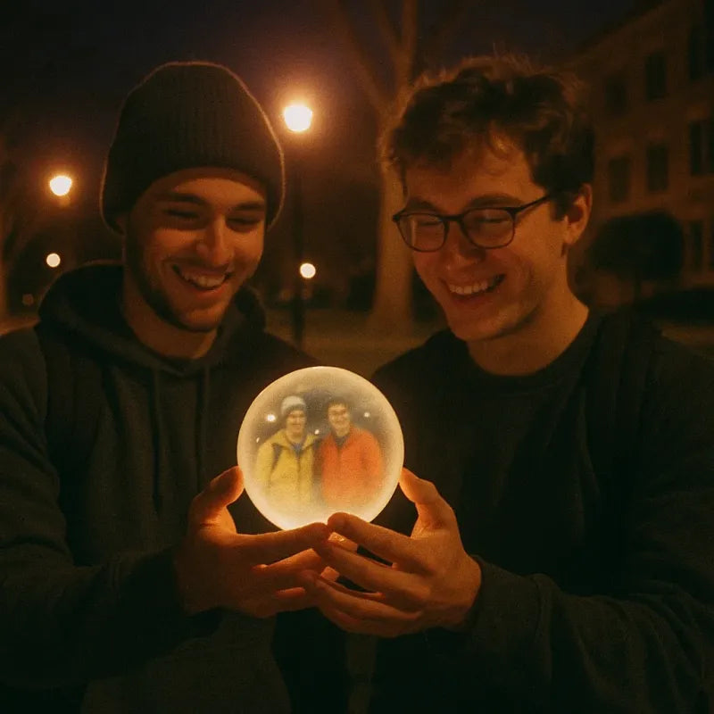 Two people holding a glowing crystal ball with a reflection of themselves in a dark, possibly urban setting.