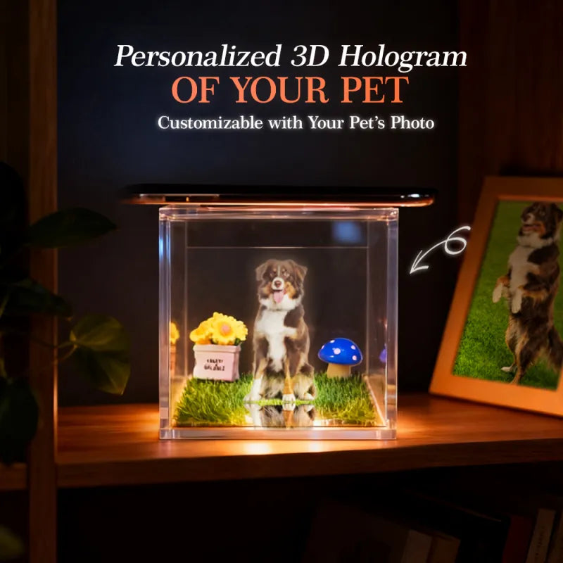 Personalized 3D hologram of a dog on a shelf with text about customizable pet photos.