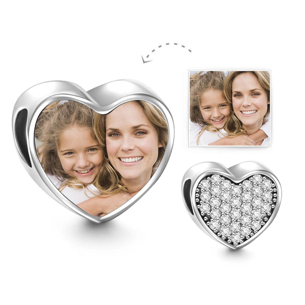 Custom Heart Photo Charm Personalised Picture Bead with Pave CZ