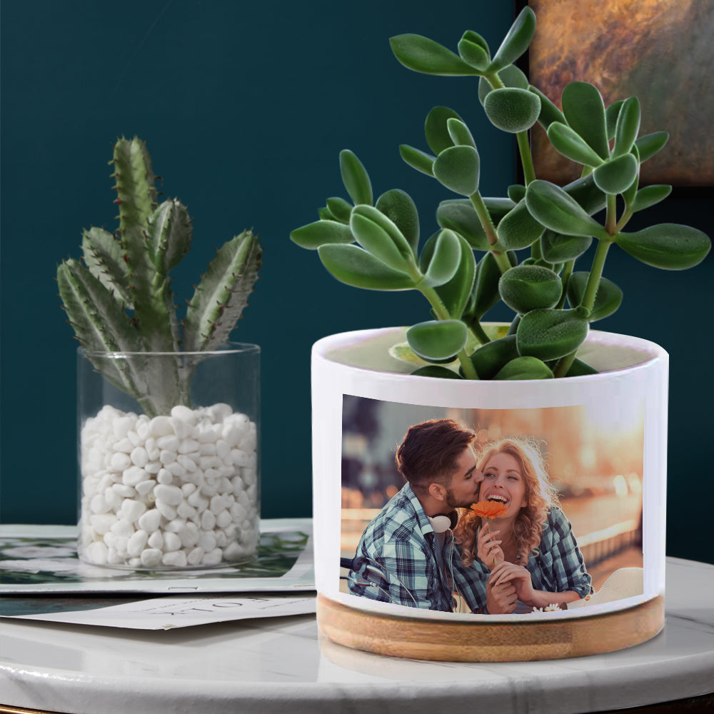 Custom Photo Ceramic Flower Pot Personalised Modern Succulent Planter Pots with Bamboo Tray