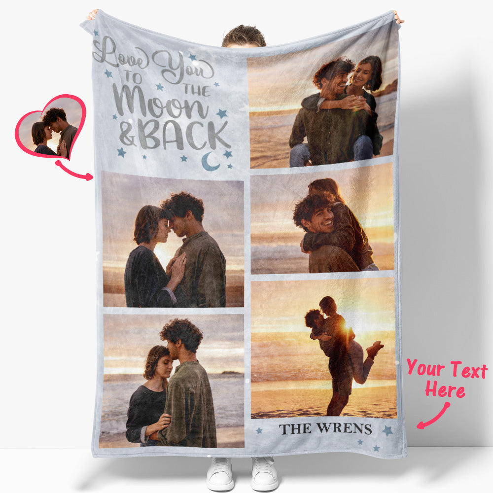 LOVE U TO THE MOON BACK Personalised Five Photos and Text Blanket