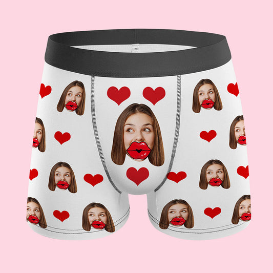 Custom Face Red Lips and Heart Boxer Personalised Men's Underwear