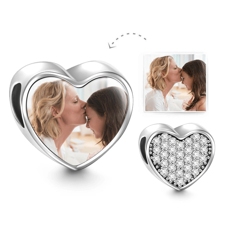 Custom Heart Photo Charm Personalised Picture Bead with Pave CZ