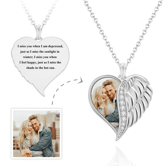 Personalised Angel Wings Heart Necklace with Photo and Text