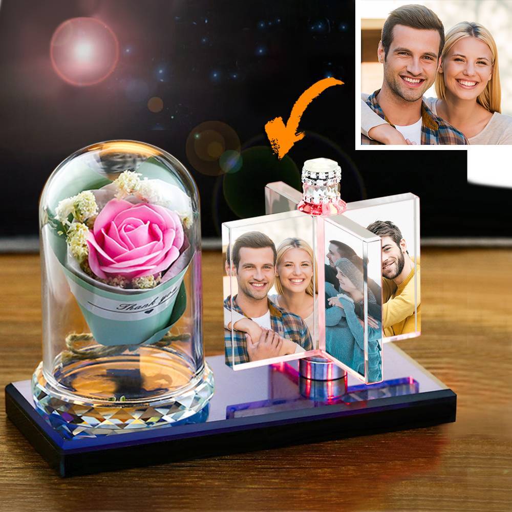 Custom Rotating Windmill Light Crystal Photo Frame with Romantic Rose