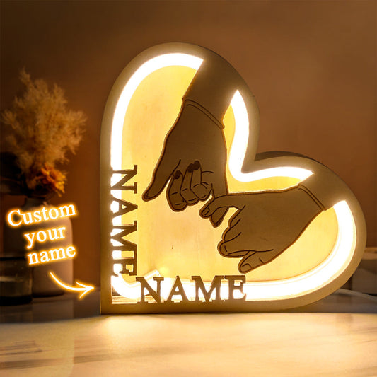 Personalised Couple Name Hand In Hand Wooden Heart Lamp