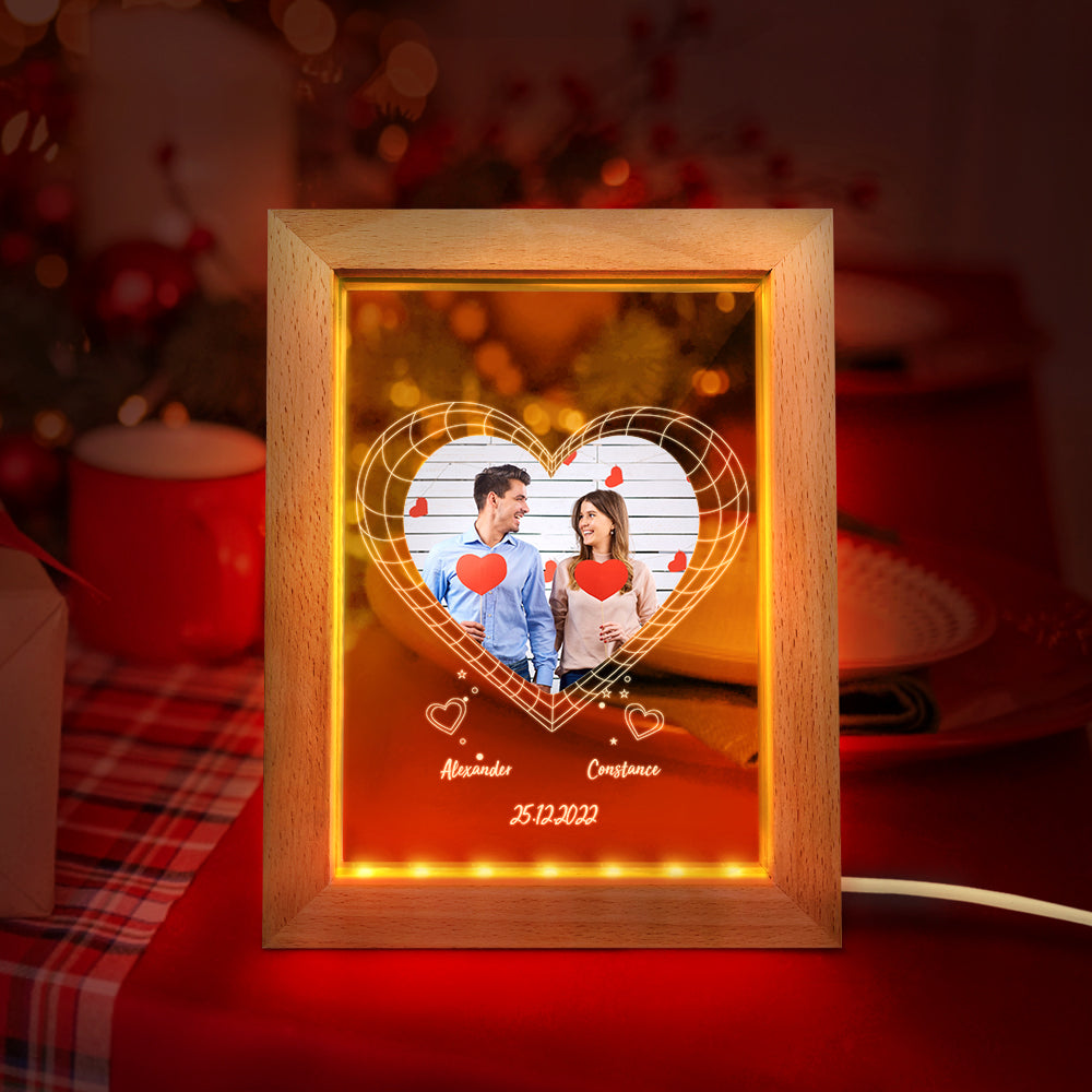 Custom Night Light Personalised 3D Heart Wooden Frame Lamp Valentine's Day Gift