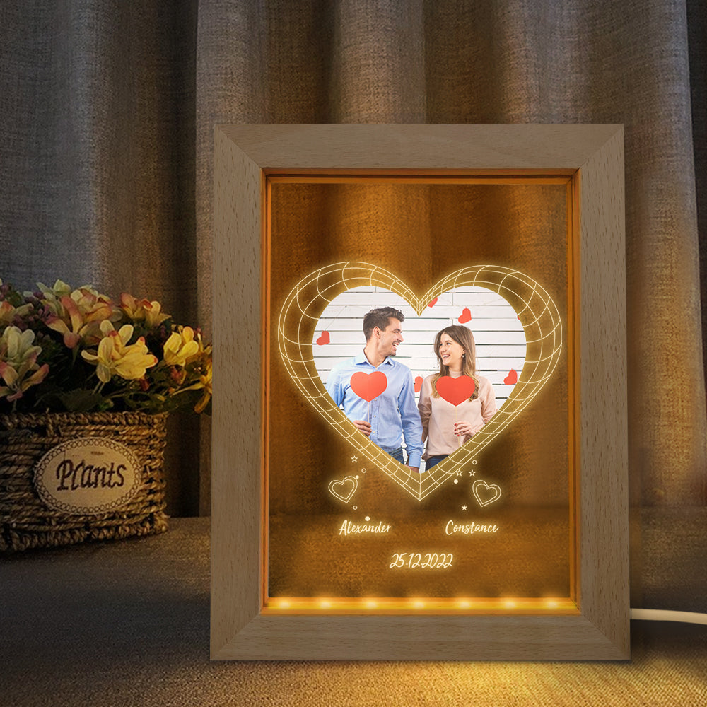 Custom Night Light Personalised 3D Heart Wooden Frame Lamp Valentine's Day Gift