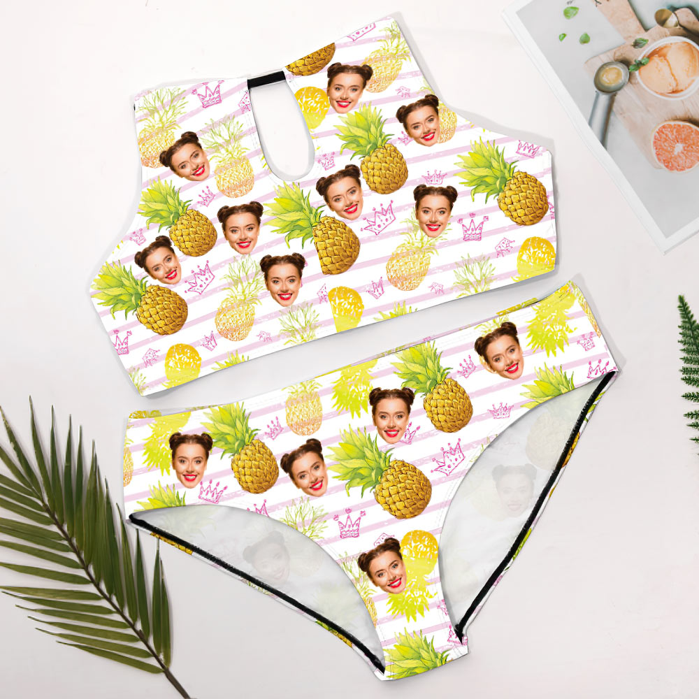 Custom Face Plus Size Swimwear Personalised Pineapple High Waist Bikini Swimsuit