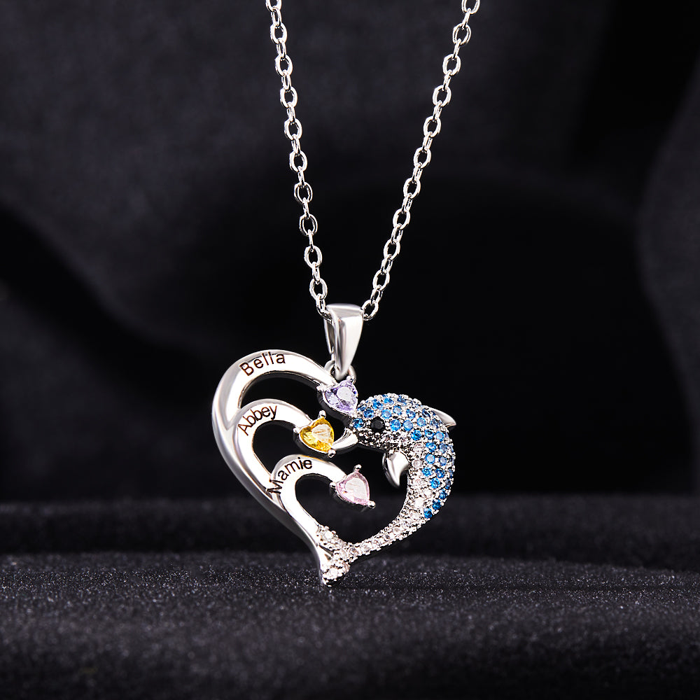 Custom Engraved Three Names Necklace Personalised Birthstone Dolphin Heart Pendant Necklace