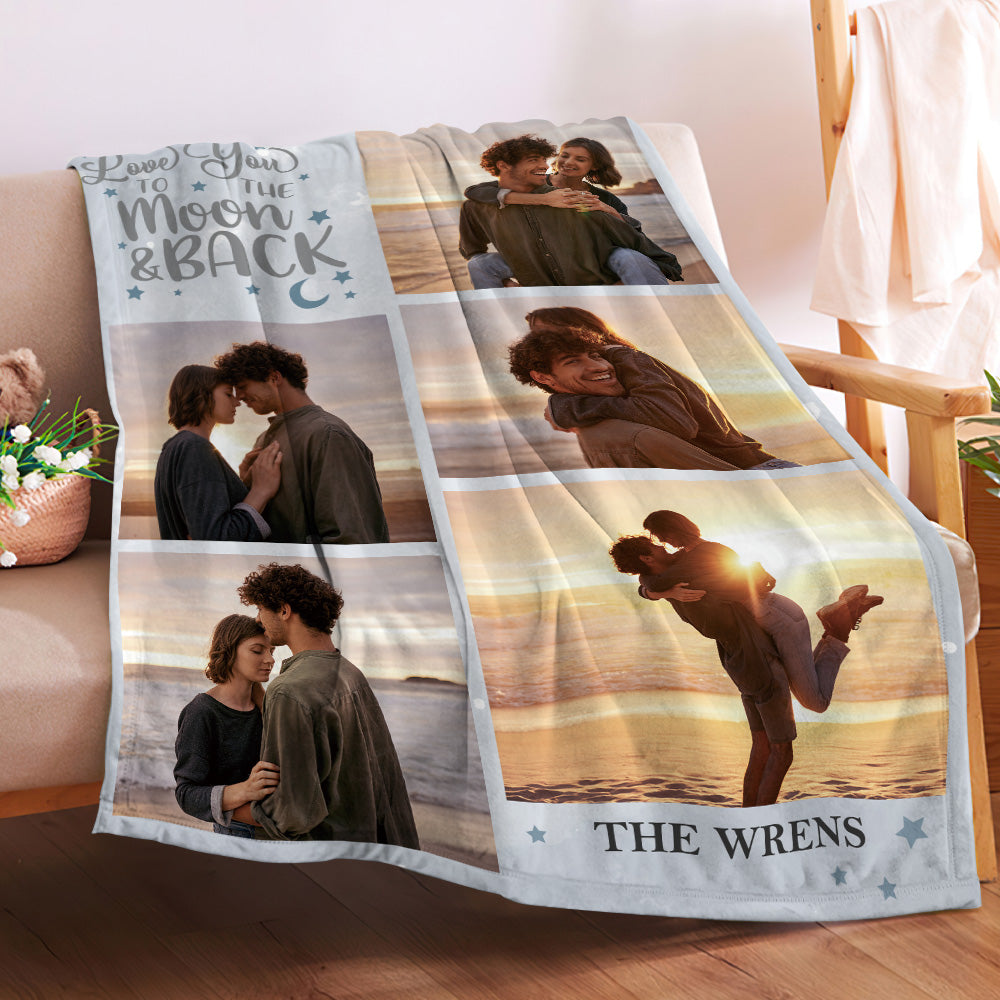 LOVE U TO THE MOON BACK Personalised Five Photos and Text Blanket