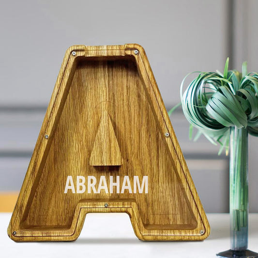 Personalised 26 Letters Piggy Bank Custom Name Wooden Money Box - Tung Wood