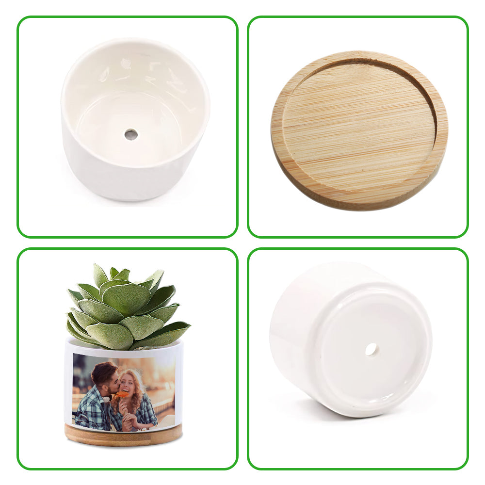 Custom Photo Ceramic Flower Pot Personalised Modern Succulent Planter Pots with Bamboo Tray