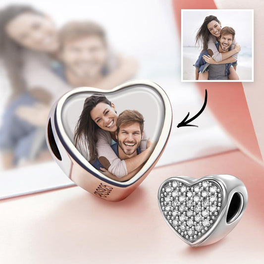 Custom Heart Photo Charm Personalised Picture Bead with Pave CZ