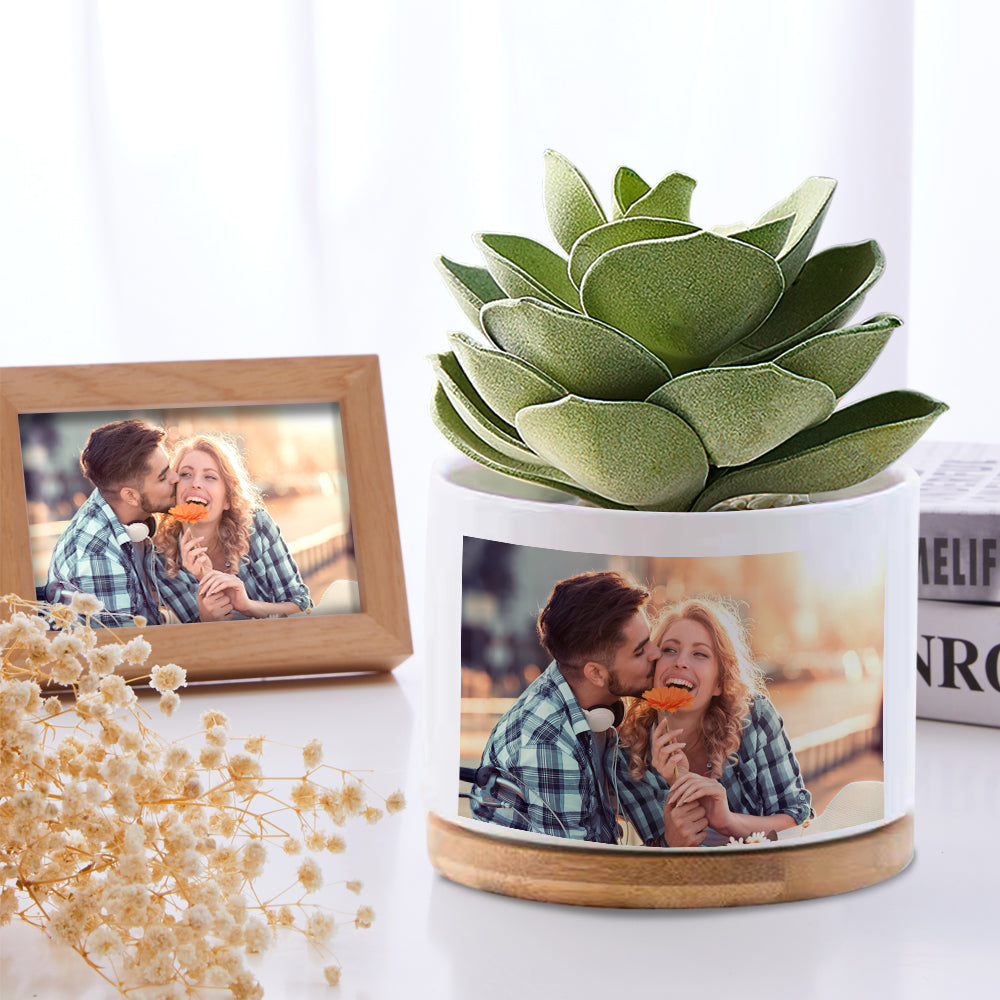 Custom Photo Ceramic Flower Pot Personalised Modern Succulent Planter Pots with Bamboo Tray